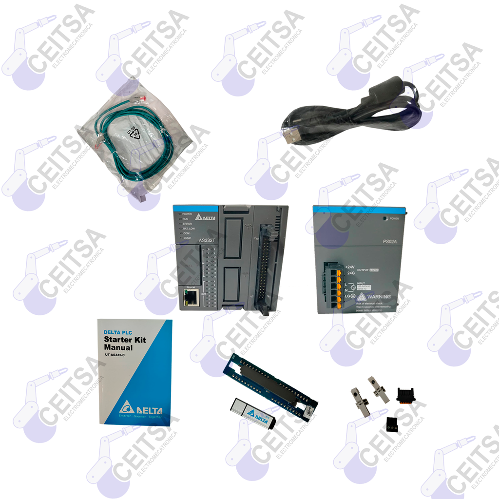 Paquete de Programación: PLC AS300, Fuente, Cable programación, Módulo IOs, USB Programador, STARTER KIT - UT-AS332-C