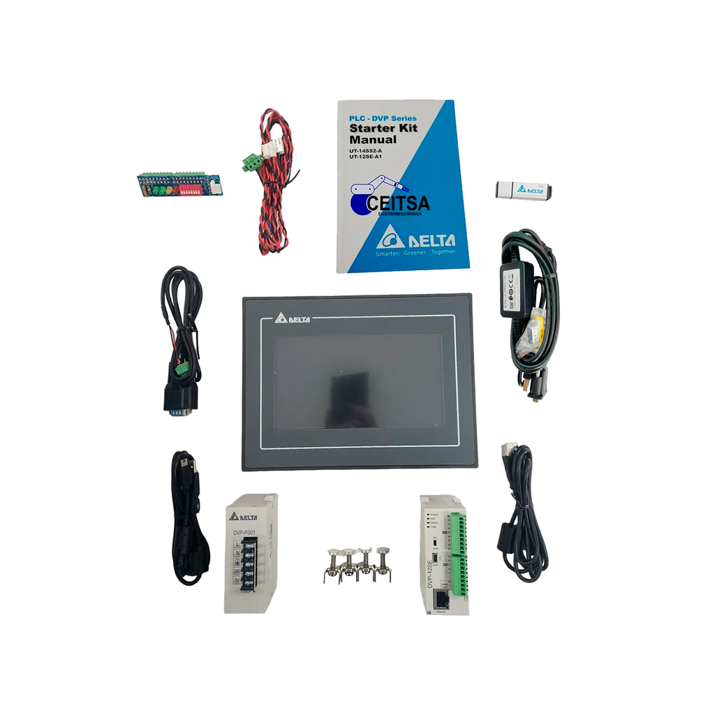 Paquete de Programación: PLC Modbus, HMI, Fuente, Cable programación, Módulo IOs, USB Programador STARTER KIT-  Delta UT-14SS2-A 