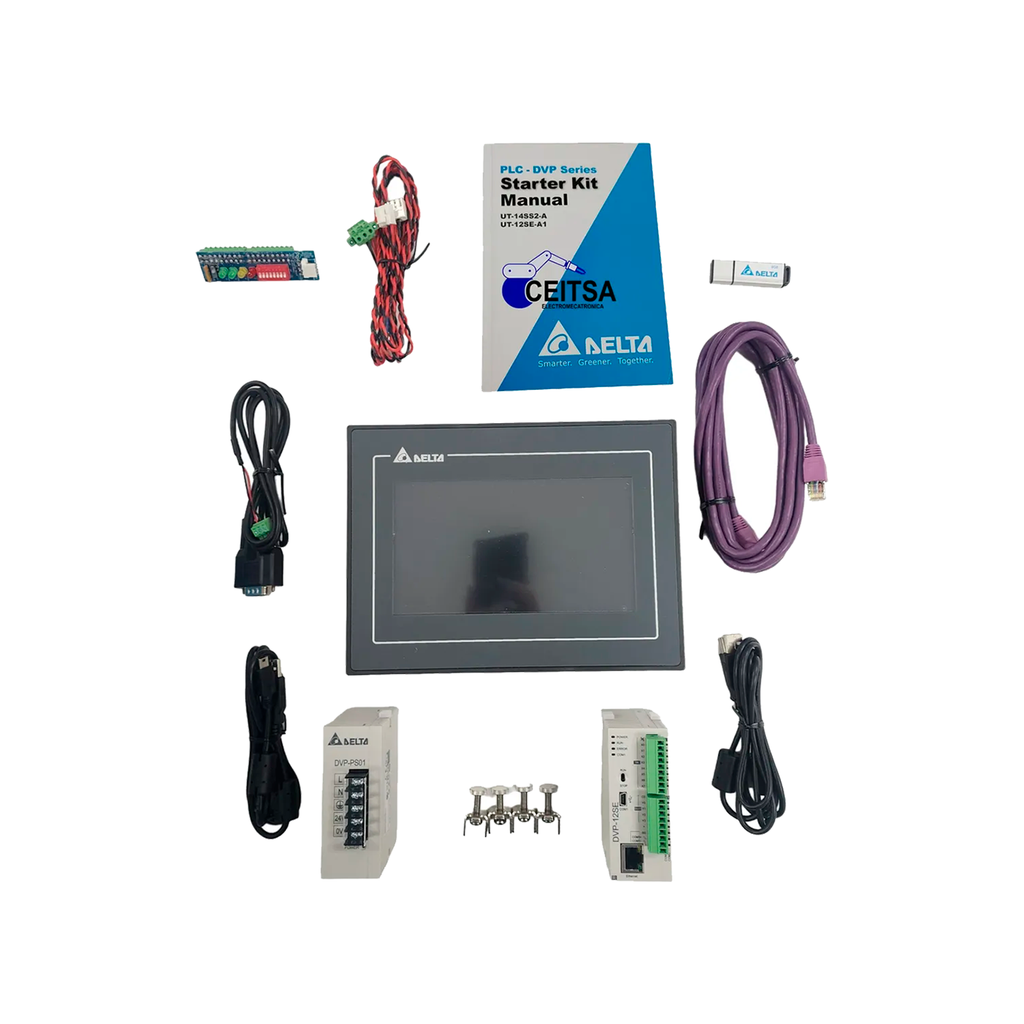 Paquete de Programación: PLC Ethernet, HMI, Fuente, Cable programación, Módulo IOs, USB Programador STARTER KIT - Delta UT-12SE-A1 